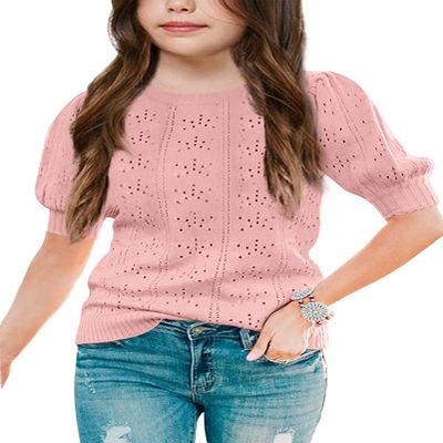 Batermoon Girls' Puff Short Sleeve Sweaters Crewneck Hollow Out Knit Pullover Tops Pink