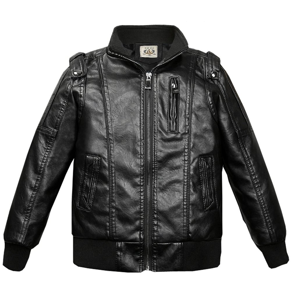 Ikevan Kids Leather Jackets Fashion Collar Motorcycle Jacket Faux Leather Zipper Coats Baby Boys Winter Coat 3-17Y (Black, 3-4 years)
