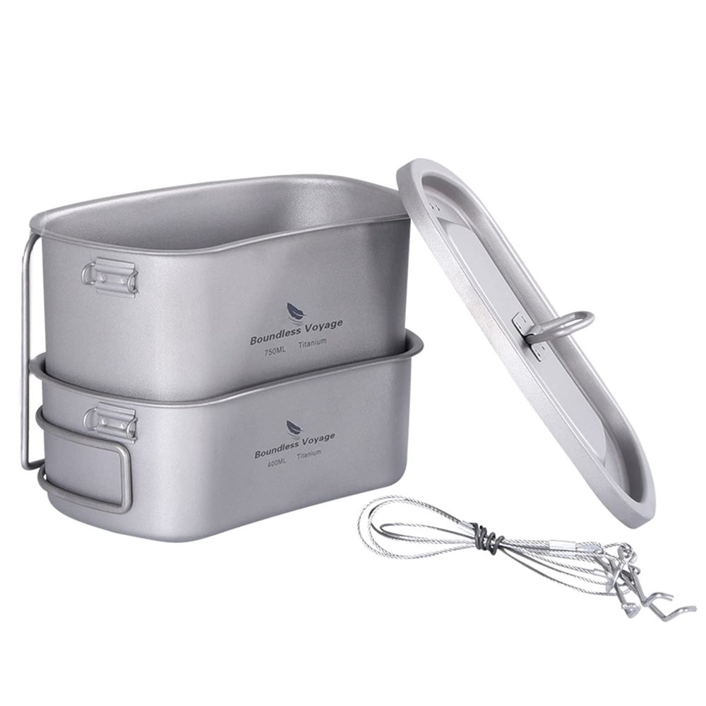 Boundless Voyage Titanium Canteen Mess Kit with Lid and Folding Handle Ultralight Portable Bowl Pot Cup Mug for Outdoor Camping Hiking Backpacking (Ti15158C (750ml+400ml))