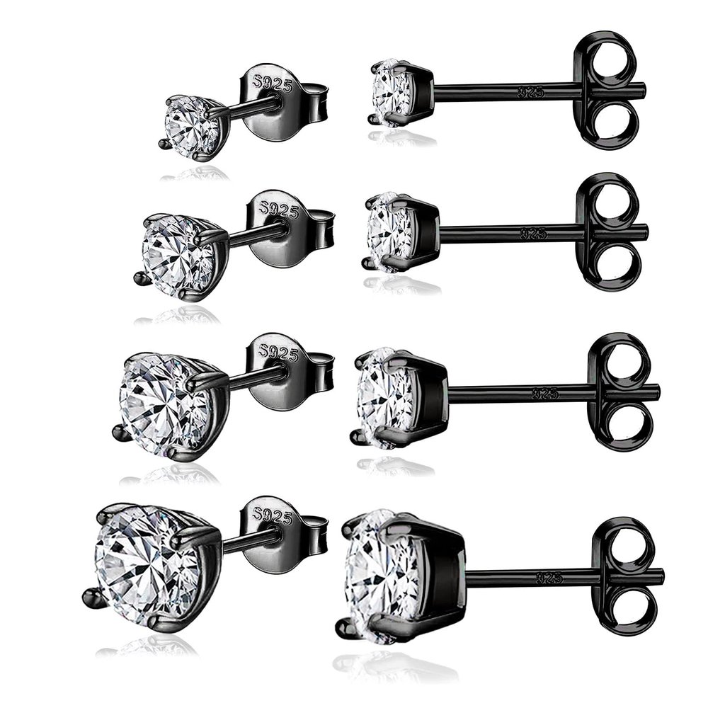 925 Sterling Silver Stud earrings Set Black Gold Plated Hypoallergenic Stud Earrings Cubic Zirconia Stud Earrings for Women (4 pairs 3/4/5/6mm)