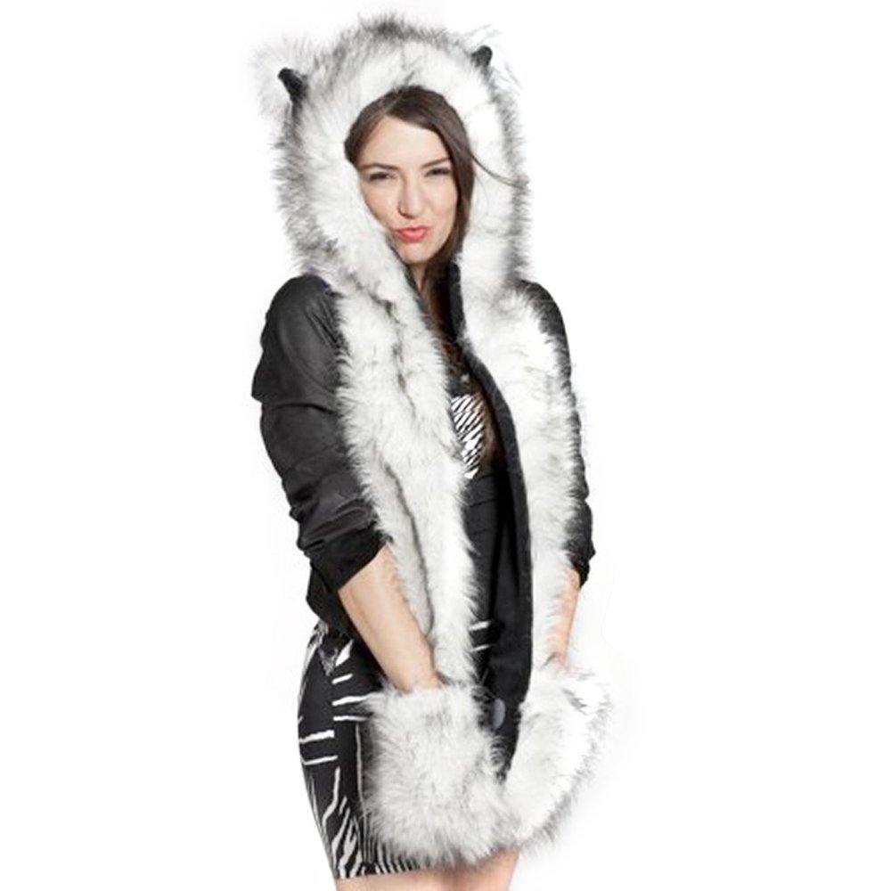 Faux Fur Hooded Cap Scarf Gloves Set Women Teen Girls Thick Plush Earflap Hat Winter Cozy Thermal Full Hood Hat with Pocket Mitten Muffler, Christmas Halloween Costume Beanie Accessory