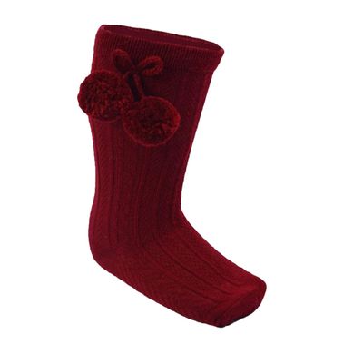 Baby Girls Socks Cotton Rich Spanish Pom Pom Ribbon Hearts Wedding Stocking High Knee Long Socks with Bobble Ribbon Top Party Pom Pom Ribbon Textured Ribbed Sock Burgundy Pom Pom S355, 0-6 Months