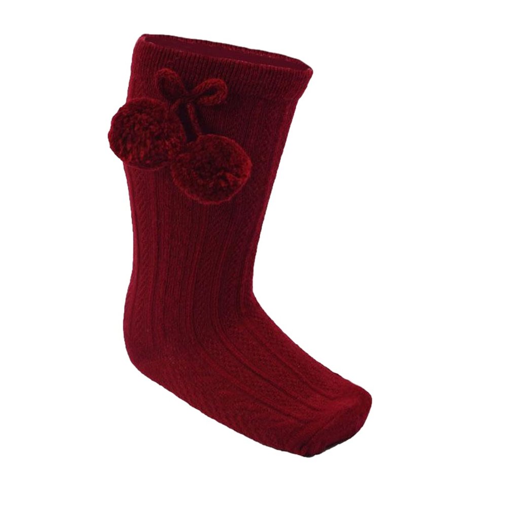 Baby Girls Socks Cotton Rich Spanish Pom Pom Ribbon Hearts Wedding Stocking High Knee Long Socks with Bobble Ribbon Top Party Pom Pom Ribbon Textured Ribbed Sock Burgundy Pom Pom S355, 0-6 Months