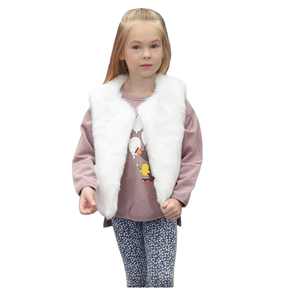 Ikevan Little Girls' Faux Fur Wool Vest Jacket Toddler Baby Kids Winter Coat Outwear Thick Warm Waistcoat 1Y-6Y (White, 2-3 Years)