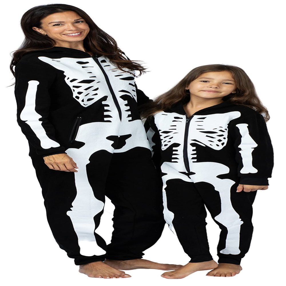Prestigez Holiday Women, Girl or Toddler Mommy and Me Matching Onesie Pajama Costume, Cheetah, Cat, and Ladybug, White - Skeleton, Size 2-3T