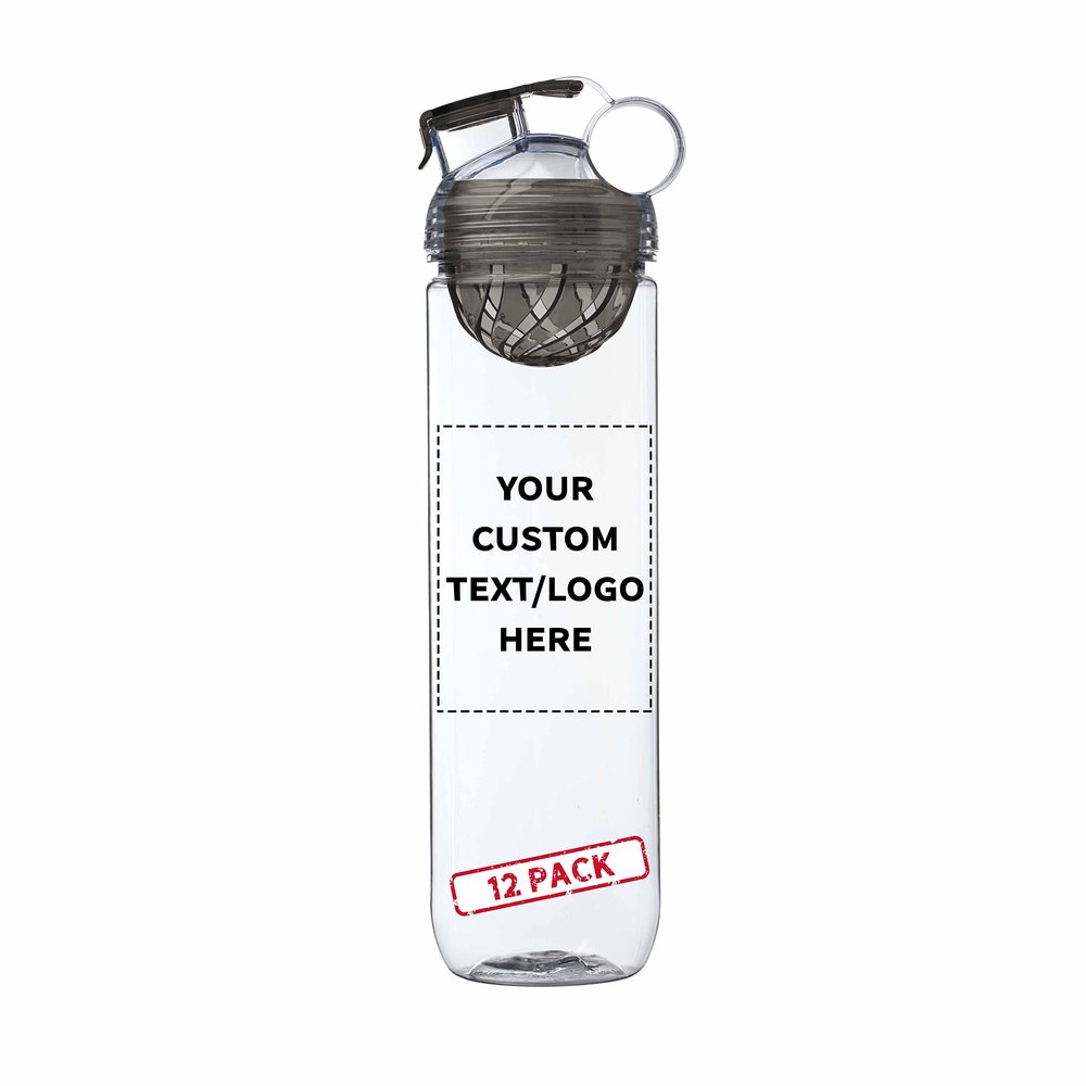 DISCOUNT PROMOS 12 Gridiron Infuser Water Bottles Set, 27 oz. - Customizable Text, Logo - Screw On, Flip-Top Lid, Spill-Resistant, BPA-Free - Smoke