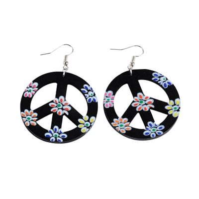 Peace Sign Dangle Earrings for Women Cute Flowers Pattern Hippie Wooden Earrings 60s and 70s Costume Party Favors