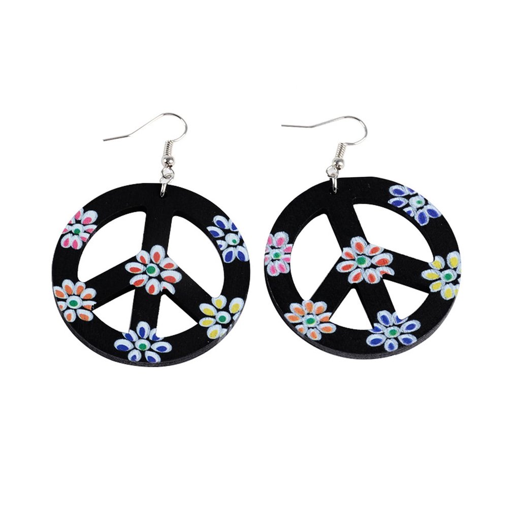 Peace Sign Dangle Earrings for Women Cute Flowers Pattern Hippie Wooden Earrings 60s and 70s Costume Party Favors