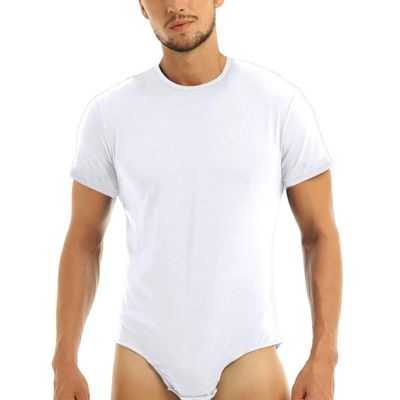 ACSUSS Men's Short Sleeve Undershirt Press Button Crotch Shirt Bodysuit Round Neck Leotard Tops White 4X-Large
