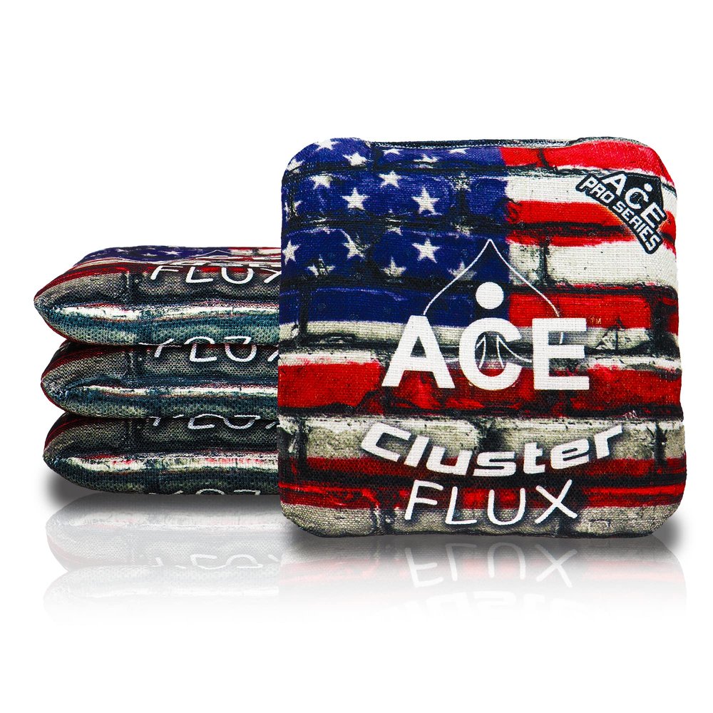 CornholeAce Cluster Flux | USA Flag Bricks (Set of 4 Bags) | ACE Pro Stamped | Cluster Pad Technology | Dual Sided Slick Stick All Weather | Professional Cornhole Bags
