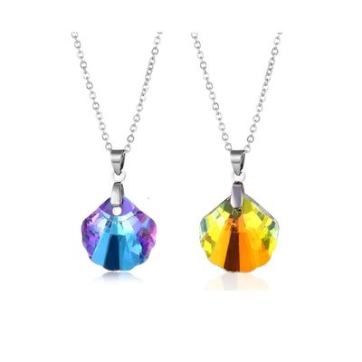 2pcs Colorful Crystal Butterfly Star Shell Heart Shape Pendant Necklace Stainless Purple & Yellow Shining Rhinestone Jewelry for Women Gifts-Shell