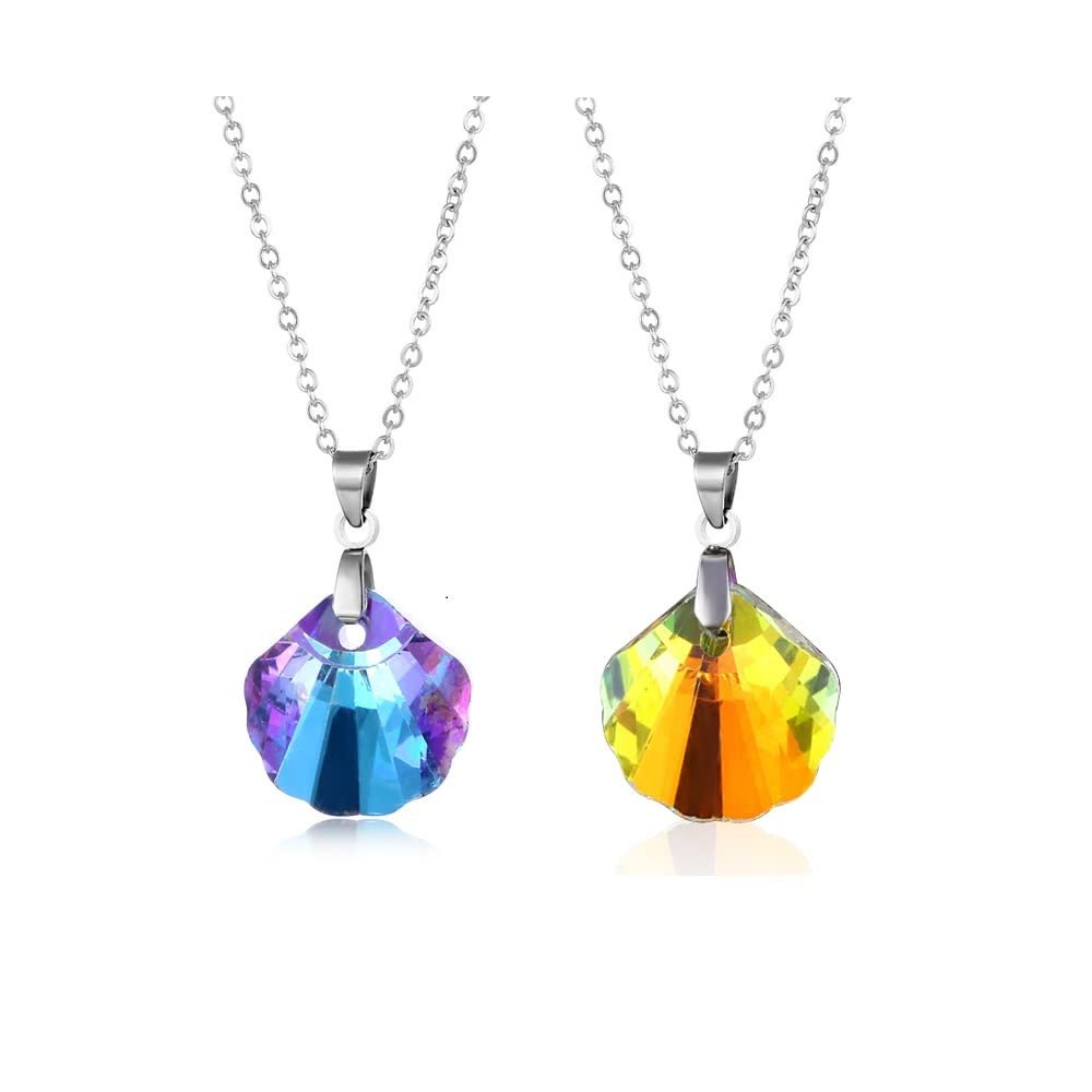 2pcs Colorful Crystal Butterfly Star Shell Heart Shape Pendant Necklace Stainless Purple & Yellow Shining Rhinestone Jewelry for Women Gifts-Shell