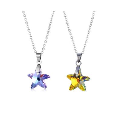 2pcs Colorful Crystal Butterfly Star Shell Heart Shape Pendant Necklace Stainless Purple & Yellow Shining Rhinestone Jewelry for Women Gifts-Star