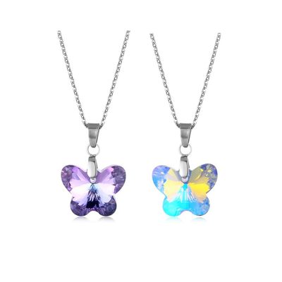 2pcs Colorful Crystal Butterfly Star Shell Heart Shape Pendant Necklace Stainless Purple & Yellow Shining Rhinestone Jewelry for Women Gifts-Butterfly