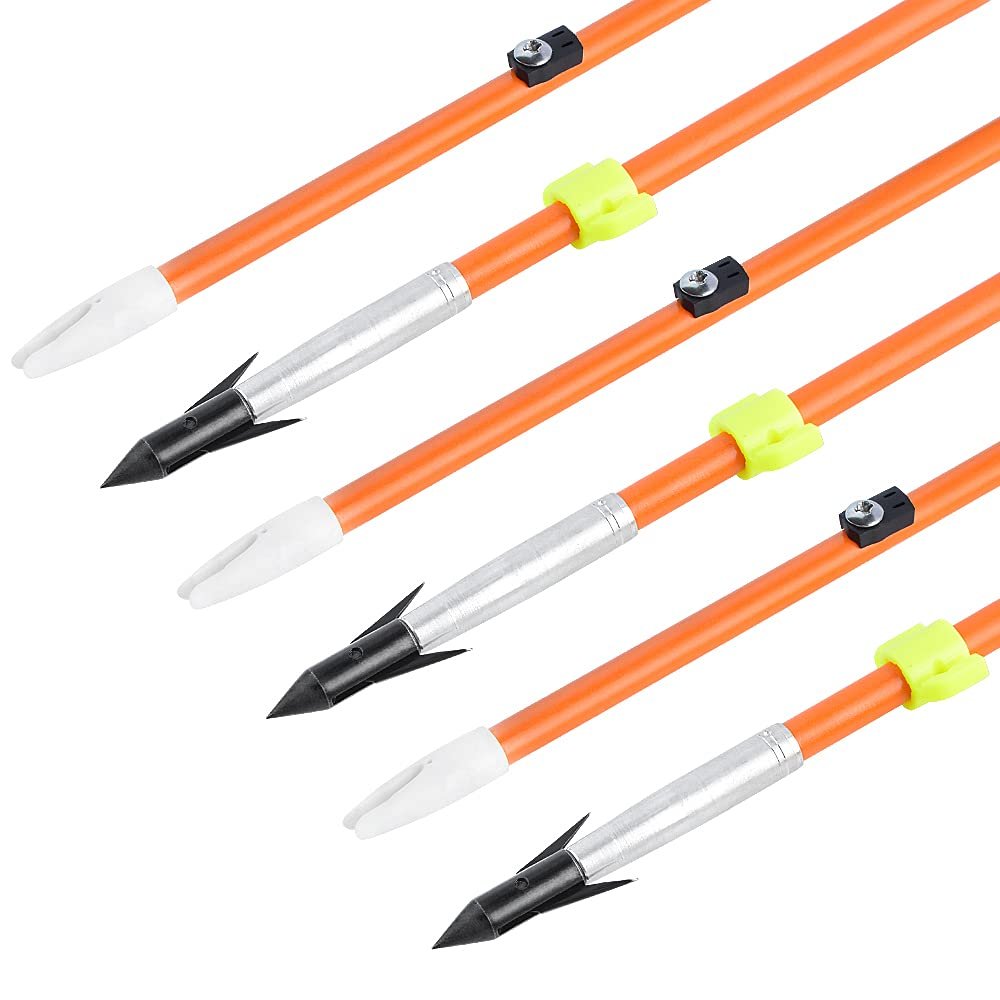 AMEYXGS 6/12pcs Bowfishing Arrows Archery Fiberglass Arrow Bow Fishing Arrow with Broadheads and Safty Slides for Compound and Bow Recurve Bow Fishing Hunting (Orange, 6)
