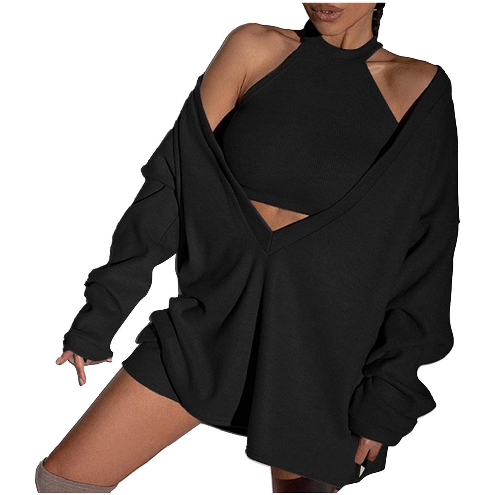 BINGLI Women Bodycon Dress Casual Solid Knit Ribbed Dress Zipper V-Neck Long Sleeve Mini Slim Pullover Sweater Midi Dress (Black, S)