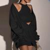 BINGLI Women Bodycon Dress Casual Solid Knit Ribbed Dress Zipper V-Neck Long Sleeve Mini Slim Pullover Sweater Midi Dress (Black, S) view 2