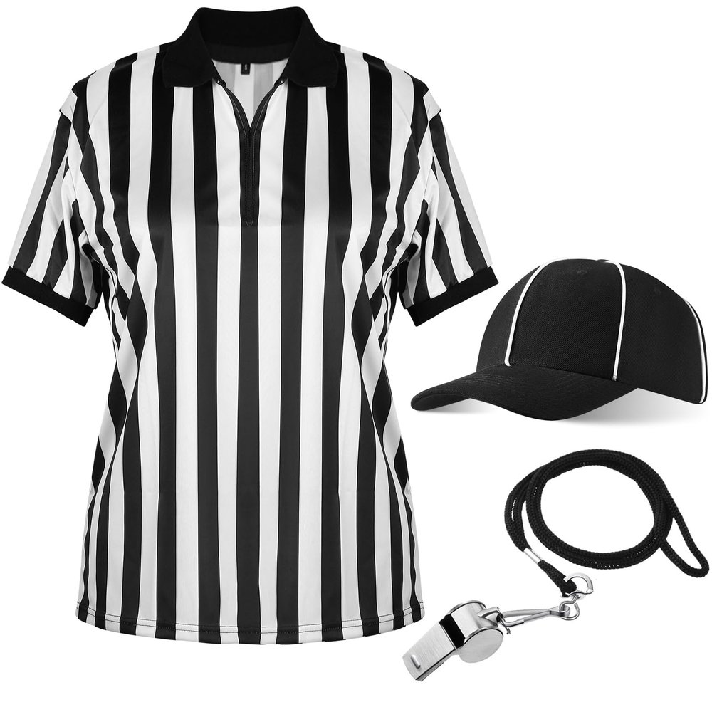 Geyoga 4 Pcs Men's Official Referee Costume Set Black and White Stripe Referee Shirt Hat Whistle Lanyard for Carnival(S)