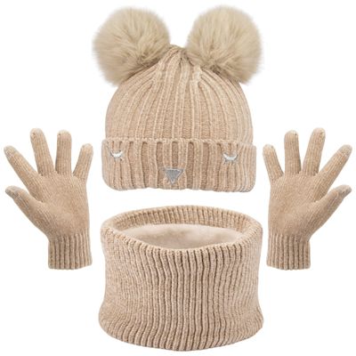 MAYLISACC Toddler Hat and Gloves Set Girl 3 Pack Kids Hat and Gloves Set Winter Warm Beanie Hat Neck Warmer Kids Boys Gloves 4-7 Snow Gloves for Toddler Gloves Girls Mittens for Toddler Boys Yellow