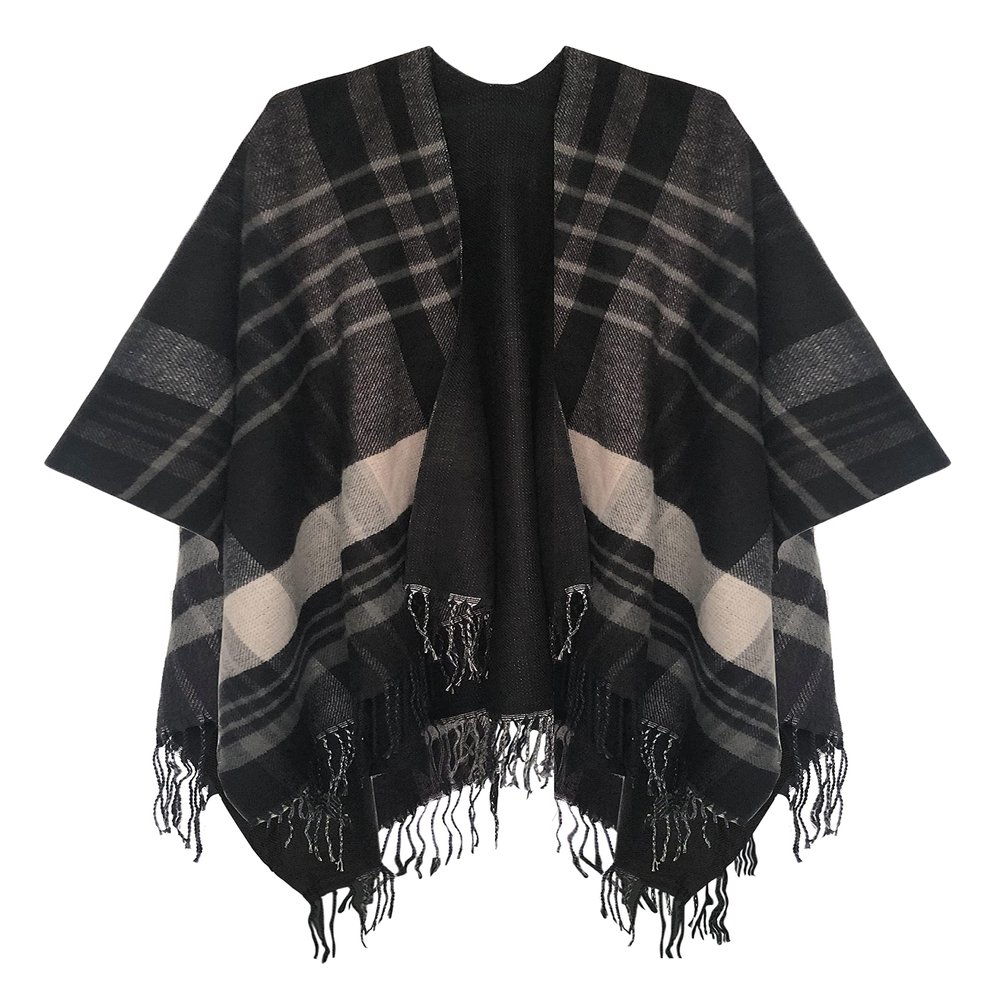 Urban CoCo Women's Winter Vintage Poncho Capes Tassel Blanket Shawl Wrap Cardigan Coat (#1-Black)