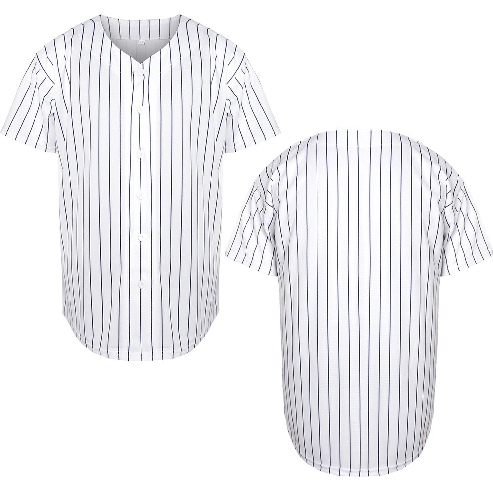 Mens Blank Plain Baseball Jersey Button Down Shirts Sports Hip Hop Hipster Jersey S-3XL (Blank Blue Strips, X-Large)