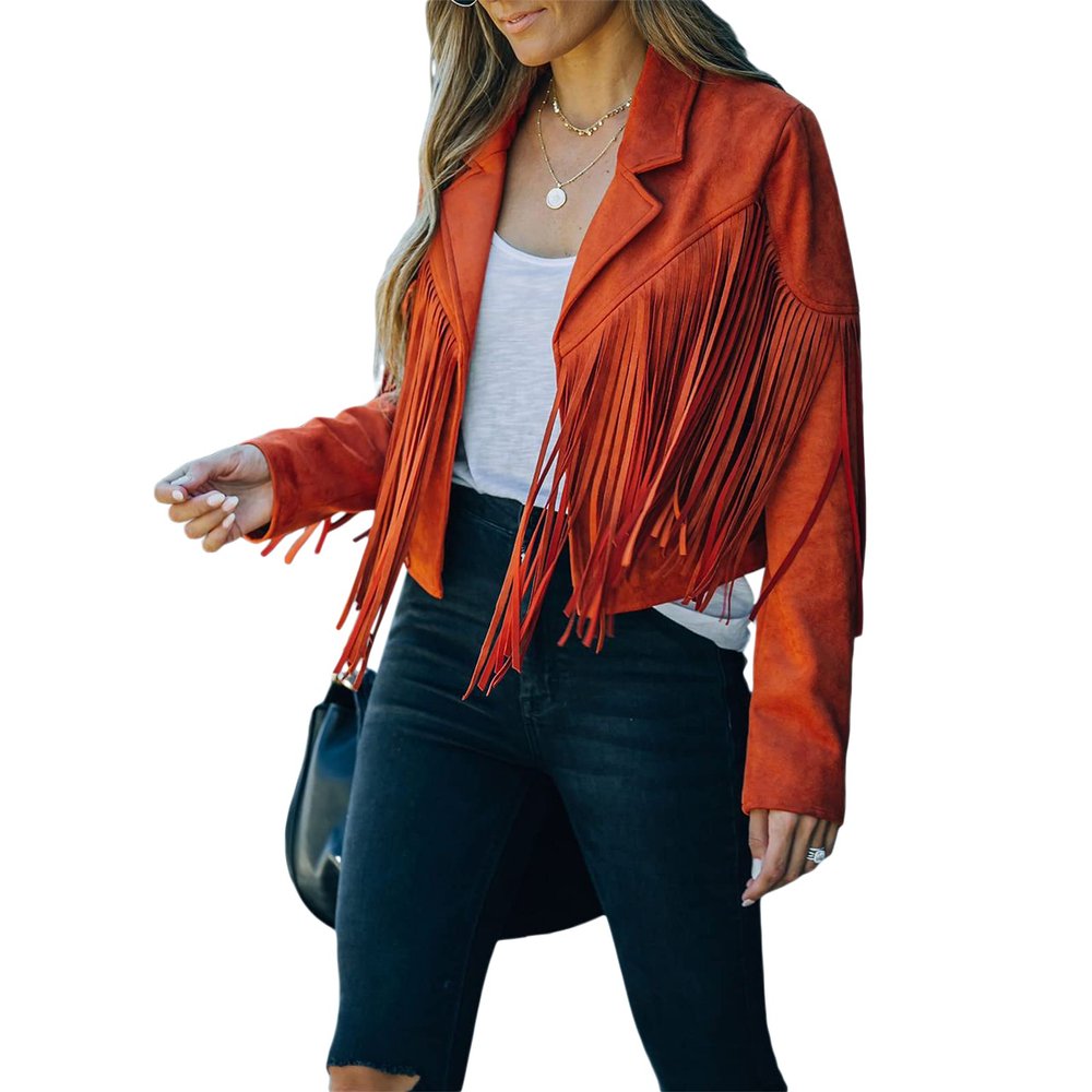 Inevnen Fringe Jacket Women Long Sleeve Vintage Coats Open-Front Tassel Cardigan Casual Outerwear (XL, Red)