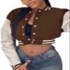 qfmqkpi Women Fashion contrast color Crop Baseball Coat Single Breasted Workout Running Jacket Khaki M view 2