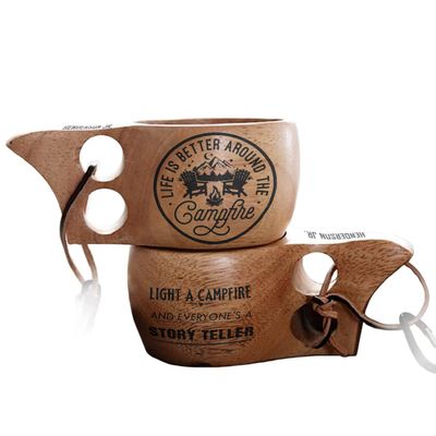Campfire Together Personalized Portable Kuksa Wood Camp Mug - 100% Natural Wooden Cup with Carabiner, Custom Name Camping Wooden Mug & Bushcraft Cup - Nordic Style Kuksa Cup Lightweight,