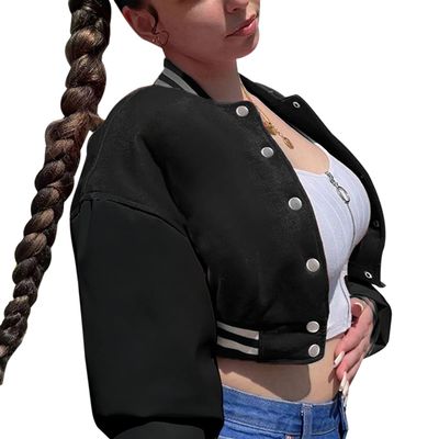 qfmqkpi Women Classic Loose Bomber Jacket Button up Lightweight Sweatshirt Coat Clubwear Black S