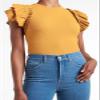 Womens Ruffle Short Sleeve Shirts Slim Fit High Neck Knit Ribbed Tops (Yellow, Large) view 2