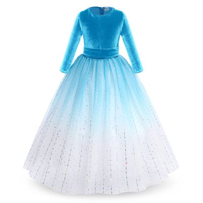 Flower Girl Velvet Dress for Kids Wedding Bridesmaid Formal Party Dress Pageant Long Maxi Prom Gown Princess First Communion Birthday Dance Bowknot Puffy Tulle Dresses Gradient - Sky Blue 9-10 Years