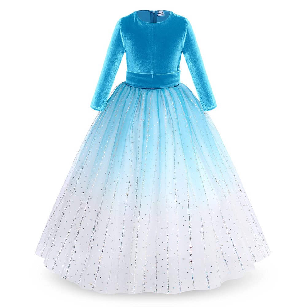 Flower Girl Velvet Dress for Kids Wedding Bridesmaid Formal Party Dress Pageant Long Maxi Prom Gown Princess First Communion Birthday Dance Bowknot Puffy Tulle Dresses Gradient - Sky Blue 9-10 Years