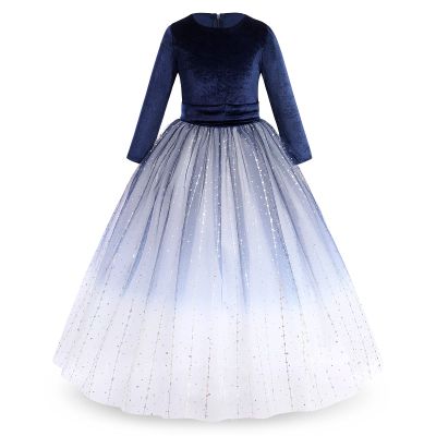 Flower Girl Velvet Dress for Kids Wedding Bridesmaid Formal Party Dress Pageant Long Maxi Prom Gown Princess First Communion Birthday Dance Bowknot Puffy Tulle Dresses Gradient - Navy Blue 11-12 Years