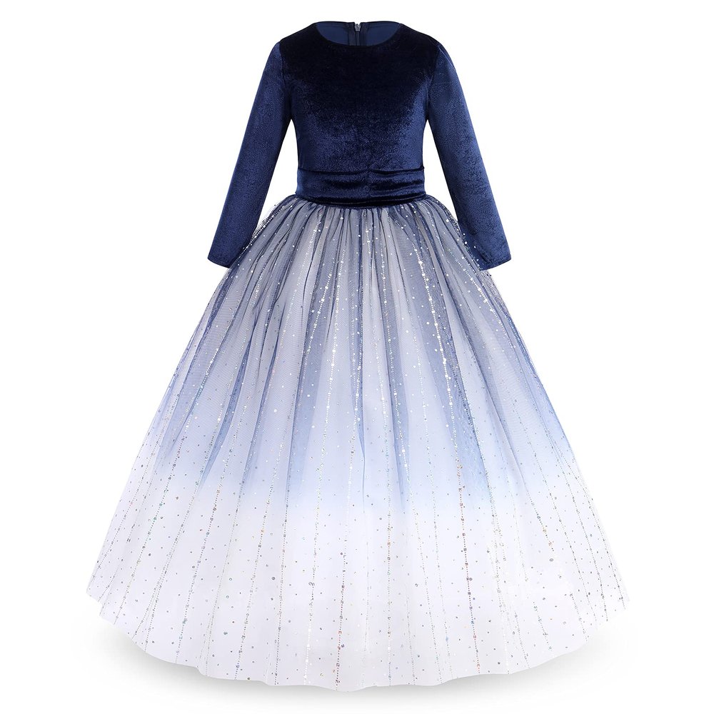 Flower Girl Velvet Dress for Kids Wedding Bridesmaid Formal Party Dress Pageant Long Maxi Prom Gown Princess First Communion Birthday Dance Bowknot Puffy Tulle Dresses Gradient - Navy Blue 11-12 Years