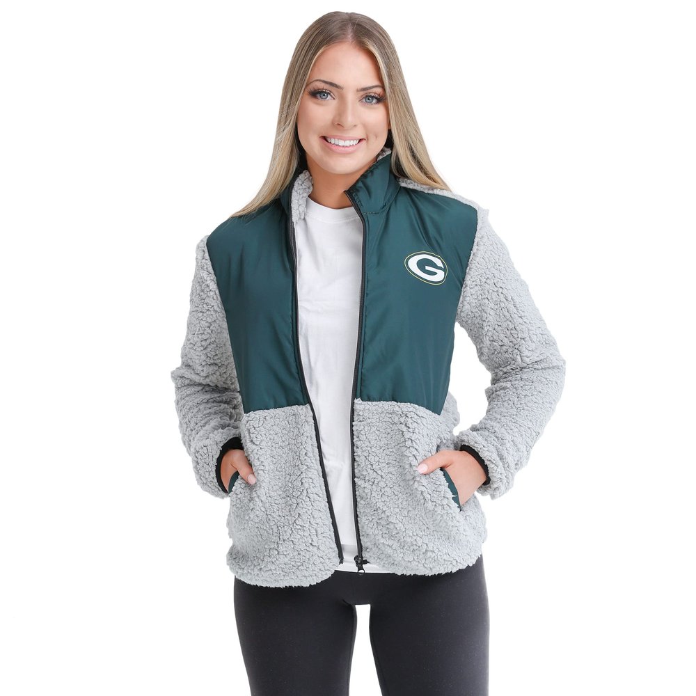 FOCO Green Bay Packers NFL Womens Sherpa Soft Zip Up Jacket - L