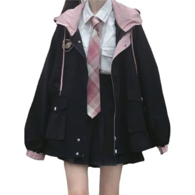 Kawaii Clothes for Teen Girls Kawaii Fall Jacket Cute Hoodies Zip up Girls' Outerwear Jackets Coats (L,Black,Large)