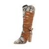Womens Cross Strap Buckle Boots - Fashion Snake Print Patchwork Stacked Heel Pointed Toe High-heeled Mid Calf Boots Casual Slip On Chnuky Heel Shoes