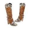 Womens Cross Strap Buckle Boots - Fashion Snake Print Patchwork Stacked Heel Pointed Toe High-heeled Mid Calf Boots Casual Slip On Chnuky Heel Shoes view 2