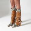 Womens Cross Strap Buckle Boots - Fashion Snake Print Patchwork Stacked Heel Pointed Toe High-heeled Mid Calf Boots Casual Slip On Chnuky Heel Shoes view 3