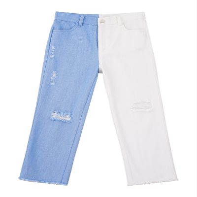 Agoky Kids Girls Fashion Patchwork Jeans Stretch Color Spliced Ripped Hole Straight Baggy Denim Pants Blue 6 Years