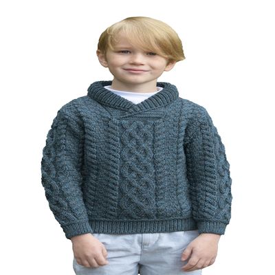 Aran Crafts Kid's Soft Shawl Neck Sweater, 100% Super Soft Merino Wool, Authentic & Traditional, Fisherman Sweater-Style Knit, Made in Ireland, SH5237-12/18-PEA Peacock