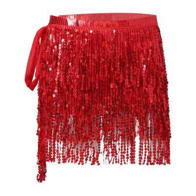 Alvivi Women's Belly Dance Hip Skirt Tassel Scarf Shiny Sparkly Sequin Wrap Rave Party Costume Red One Size