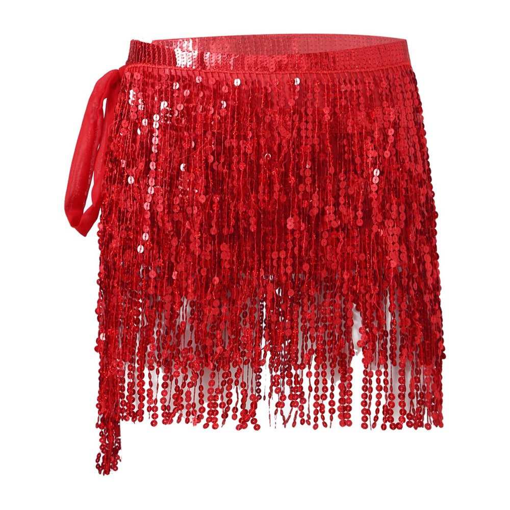 Alvivi Women's Belly Dance Hip Skirt Tassel Scarf Shiny Sparkly Sequin Wrap Rave Party Costume Red One Size