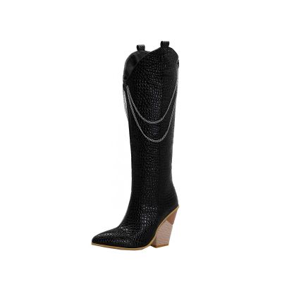 oiangi Womens Snake Print Western Boots - Fashion Back Zipper Metal Chain Chunky High Heel Mid Calf Boots Casual Trendy Stacked Heel Leather Shoes