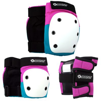 Bont Junior / Kids Skate Pads Protection Set for Inline Skate, Roller Skate, Ice Skate, Skateboard, Elbow Knee Wrist Protective Set in Black Pink and Teal (Pink/Teal, Medium)