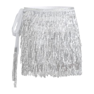Alvivi Women's Belly Dance Hip Skirt Tassel Scarf Shiny Sparkly Sequin Wrap Rave Party Costume Silver One Size
