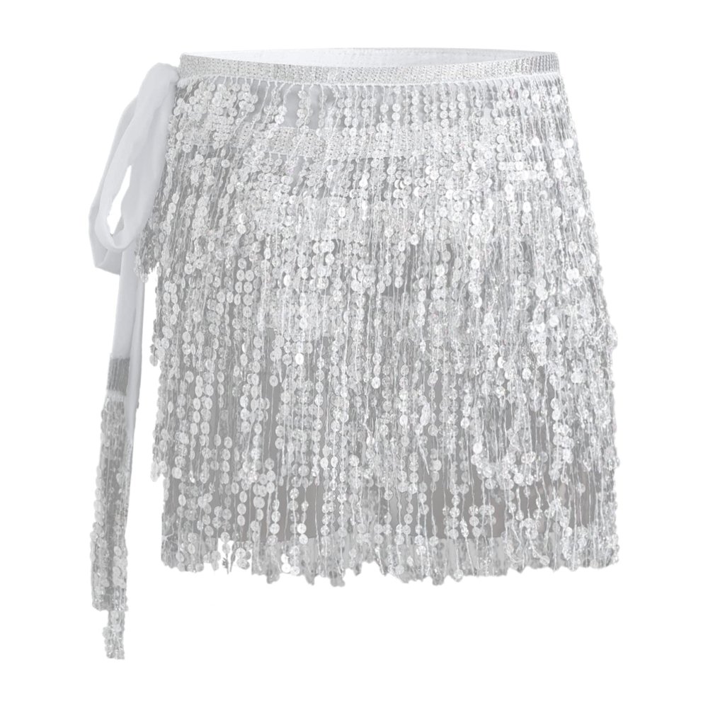 Alvivi Women's Belly Dance Hip Skirt Tassel Scarf Shiny Sparkly Sequin Wrap Rave Party Costume Silver One Size