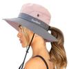 Womens Summer Sun-Hat Outdoor UV Protection Fishing Hat Wide Brim Foldable-Beach-Bucket-Hat with Ponytail-Hole Pink view 1