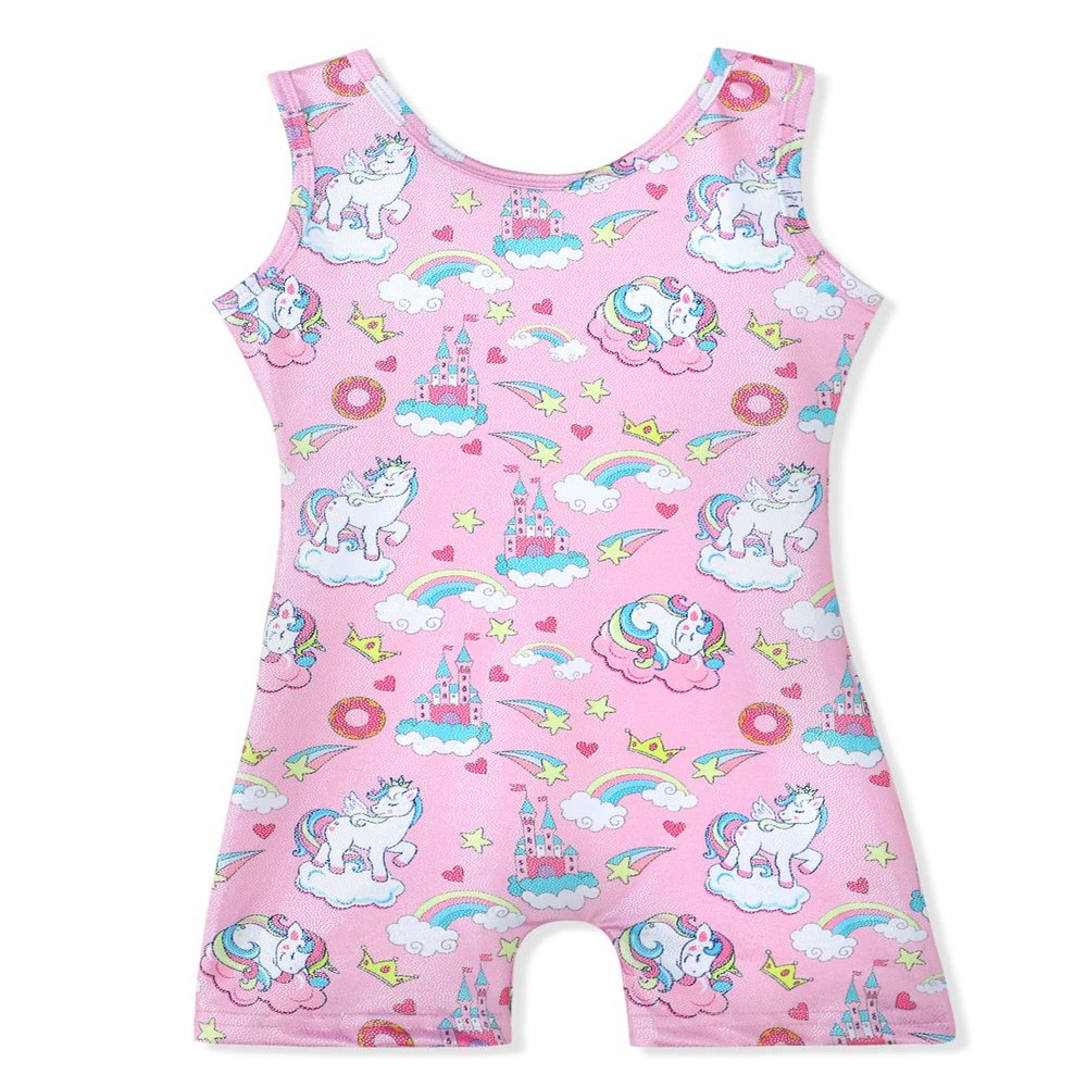 HOZIY Girls Gymnastics Outfit Size 7-8 Years Old Unicorn Pink Castle Rainbow Crown Biketard Leotard Pinkish Sparkle