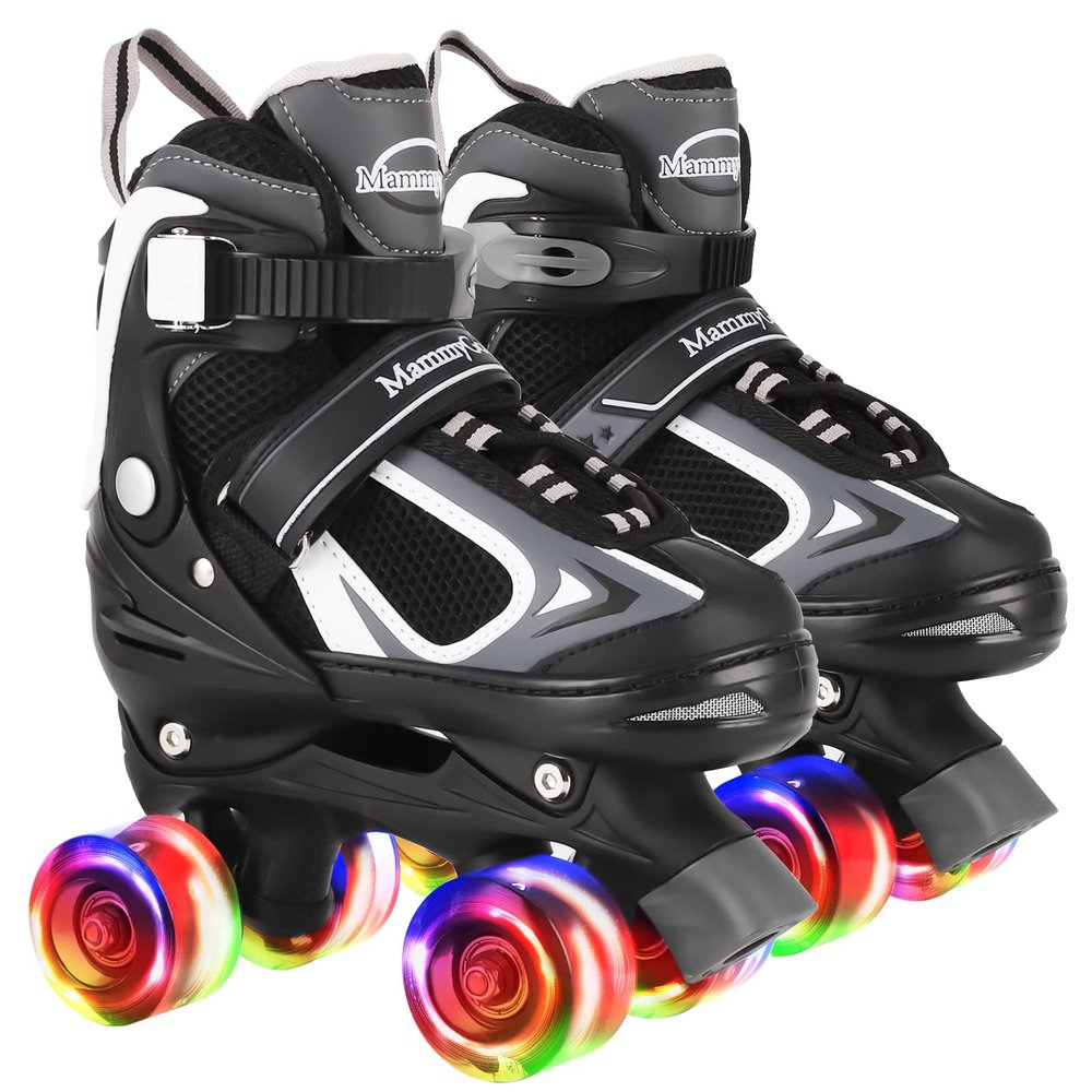 Kids Roller Skates for Girls and Boys,4 Sizes Adjustable Quad Skates with Light up Wheels, Birthday Gift for Kids Children Beginners,Black M